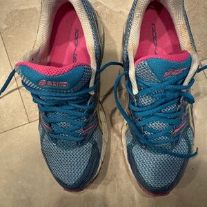 ASICS GR-1000 Blue Athletic Running Shoes with Pink and Yellow Accents